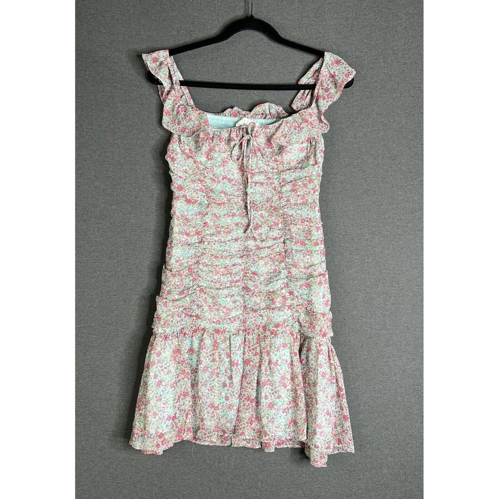 ASTR Dress Women's Off Shoulder Ruched Floral Mini Ruffle Smocked Stretch - Picture 3 of 15